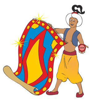 Zeichentrickfigur mit Teppich